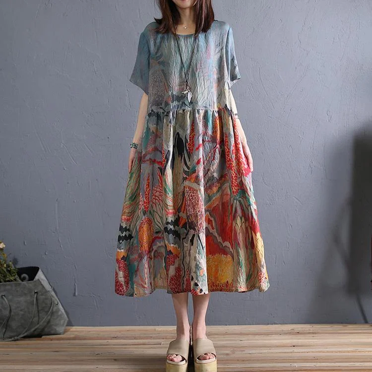 Style Gray Print Cotton Quilting Dresses Wrinkled O Neck Kaftan Summer Dresses