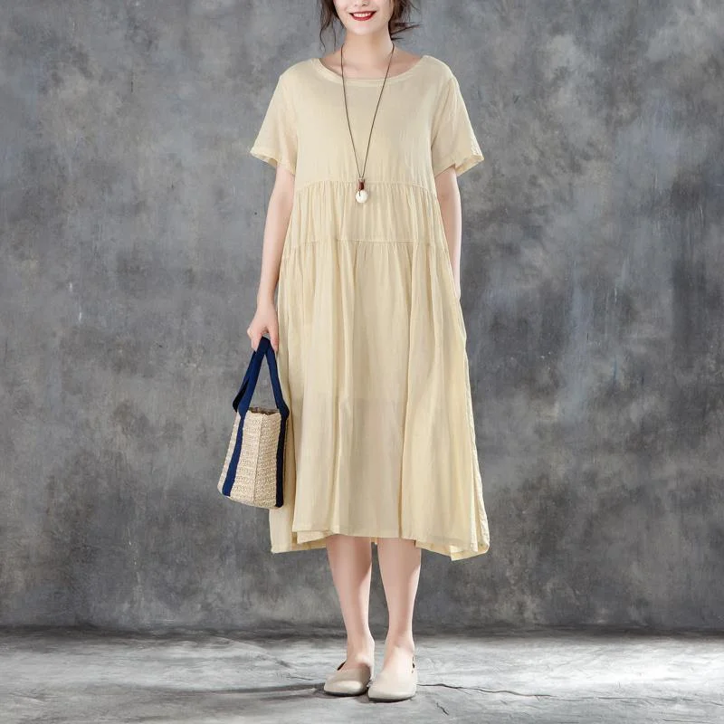 Stylish Cotton Gown Plus Size Clothing Casual Summer Round Neck Short Sleeve Yellow Dress