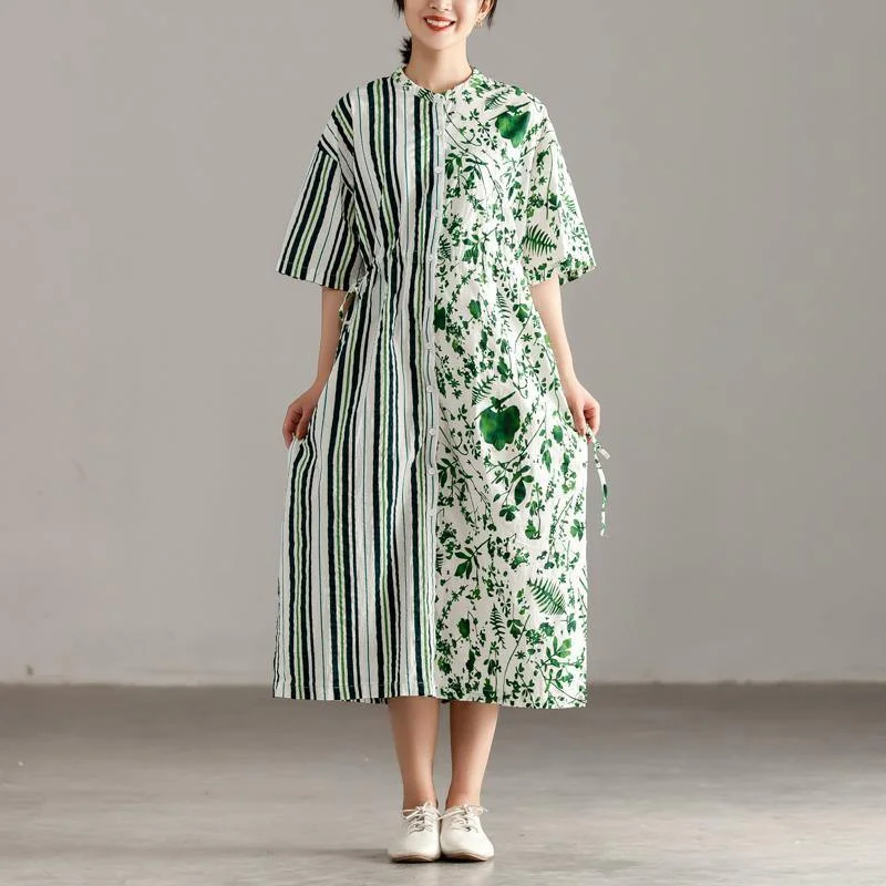 vintage cotton maxi dress plus size Casual Short Sleeve Slit Pockets Pleated Green Dress