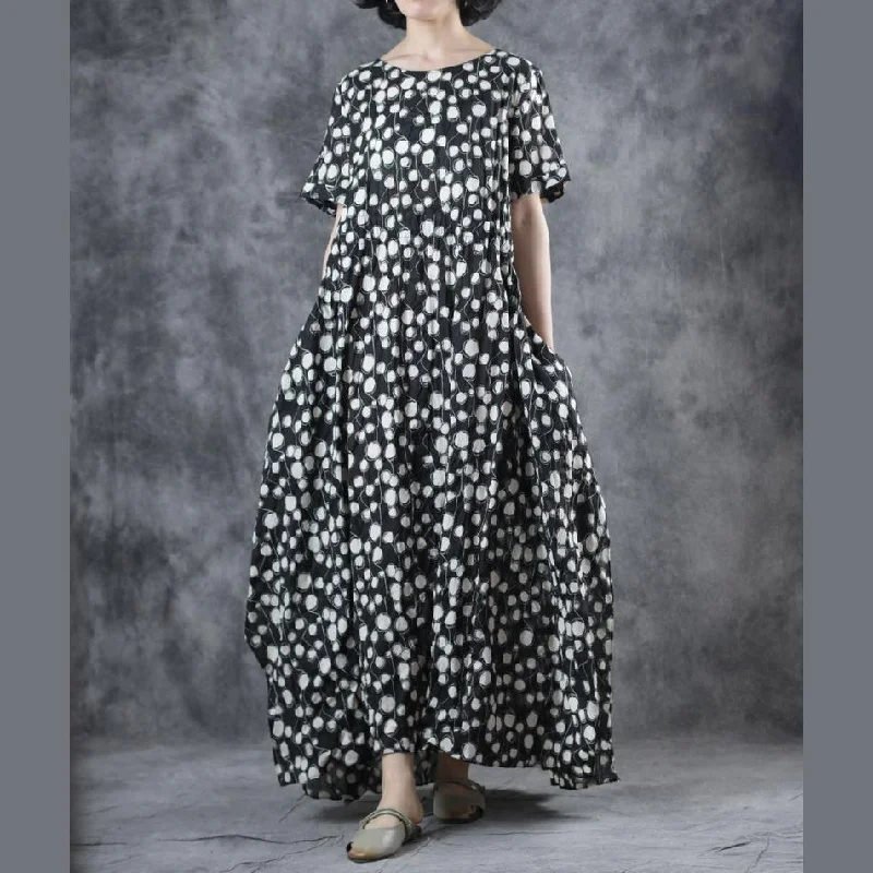 Women Black Dotted Cotton Clothes O Neck Tie Waist Maxi Summer Dresses