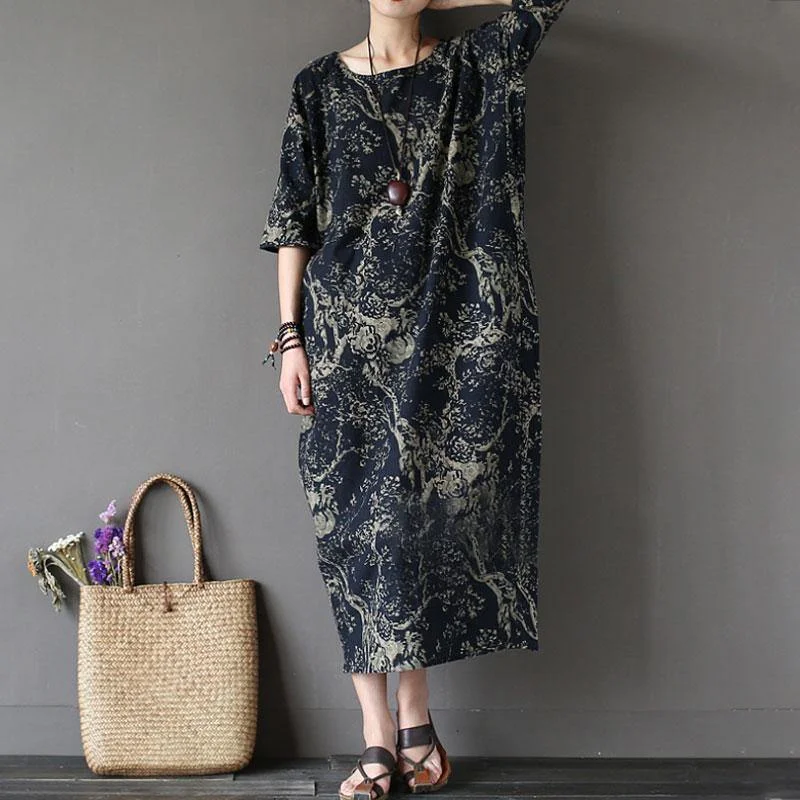 Women Cotton Maxi Dress Oversized Cotton Linen Printed Loose Half Sleeve Dress