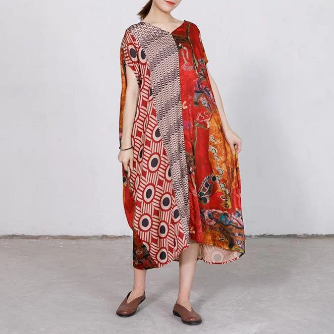 Women silk dresses Korea Printed Spliced Silky Comfortable Loose Dress