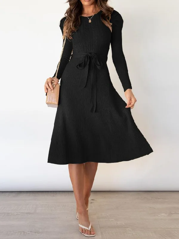 Women's Dresses Puff Long Sleeve Belted Knit Dress